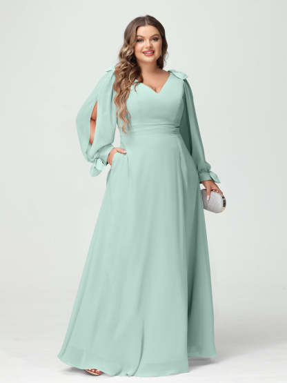 Plus Size V-Neck A-Line Princess Bridesmaid Dress with Long Sleeves, Side Split, and Pockets