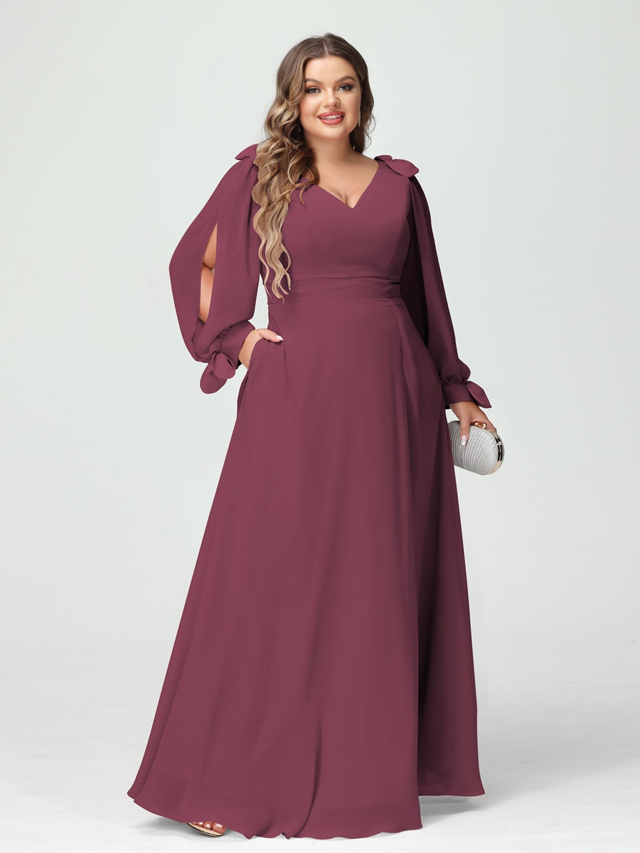 Plus Size V-Neck A-Line Princess Bridesmaid Dress with Long Sleeves, Side Split, and Pockets
