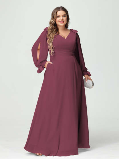 Plus Size V-Neck A-Line Princess Bridesmaid Dress with Long Sleeves, Side Split, and Pockets