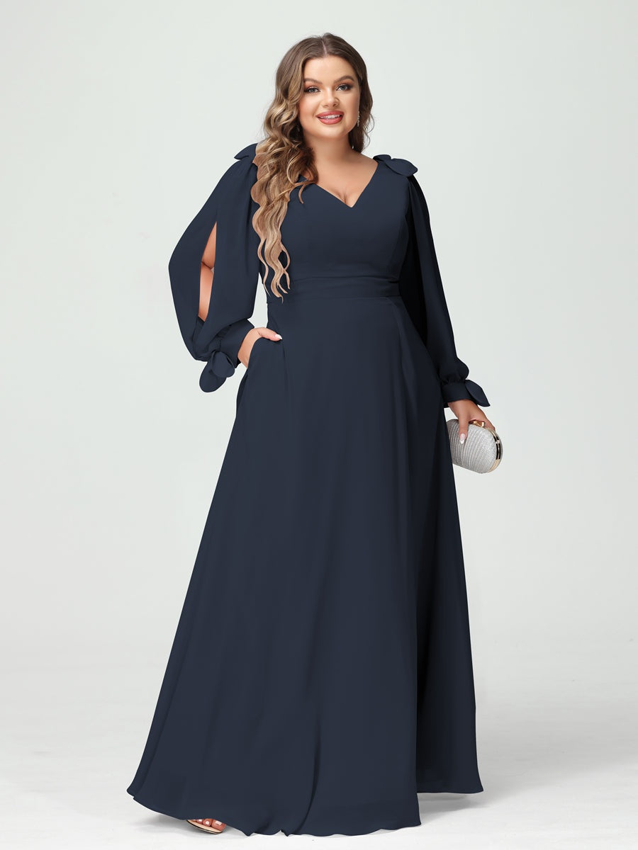 Plus Size V-Neck A-Line Princess Bridesmaid Dress with Long Sleeves, Side Split, and Pockets
