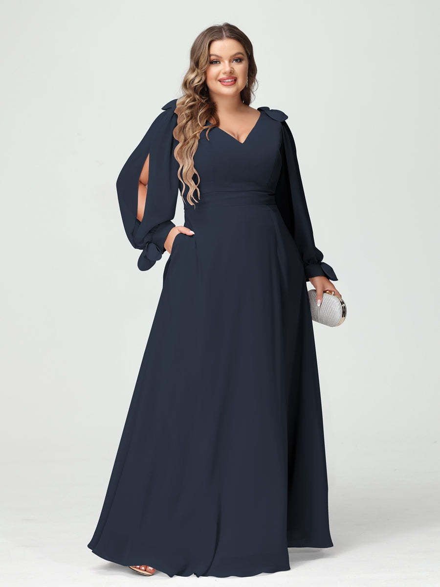 Plus Size V-Neck A-Line Princess Bridesmaid Dress with Long Sleeves, Side Split, and Pockets