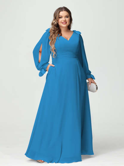 Plus Size V-Neck A-Line Princess Bridesmaid Dress with Long Sleeves, Side Split, and Pockets