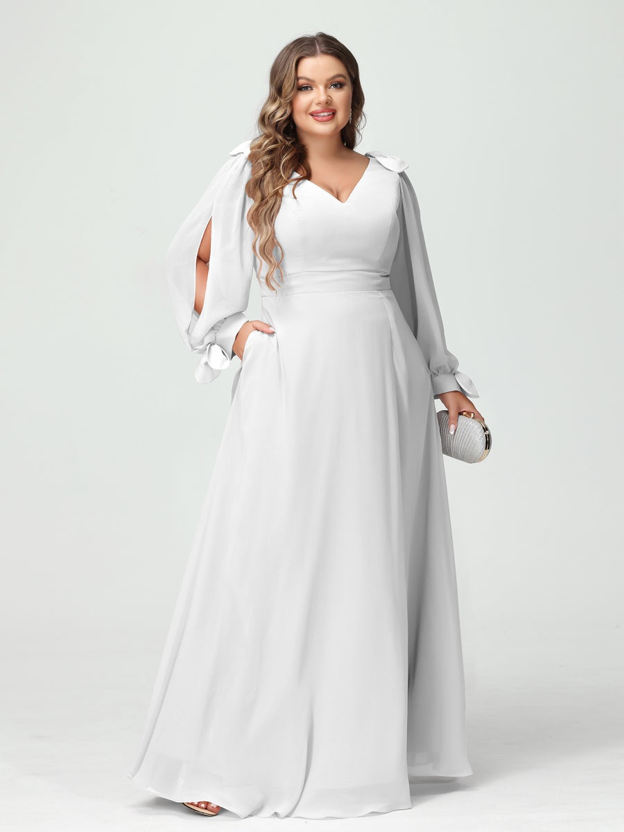 Plus Size V-Neck A-Line Princess Bridesmaid Dress with Long Sleeves, Side Split, and Pockets