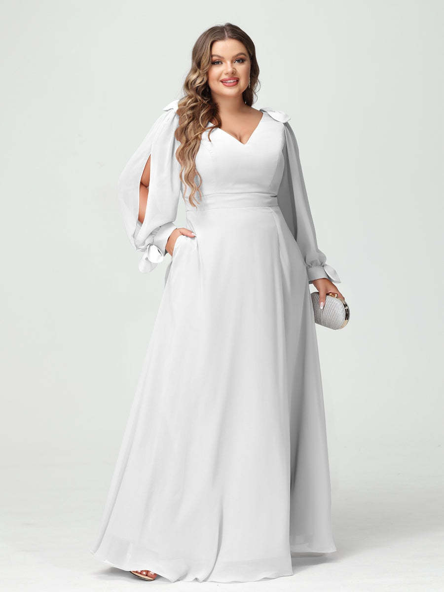 Plus Size V-Neck A-Line Princess Bridesmaid Dress with Long Sleeves, Side Split, and Pockets