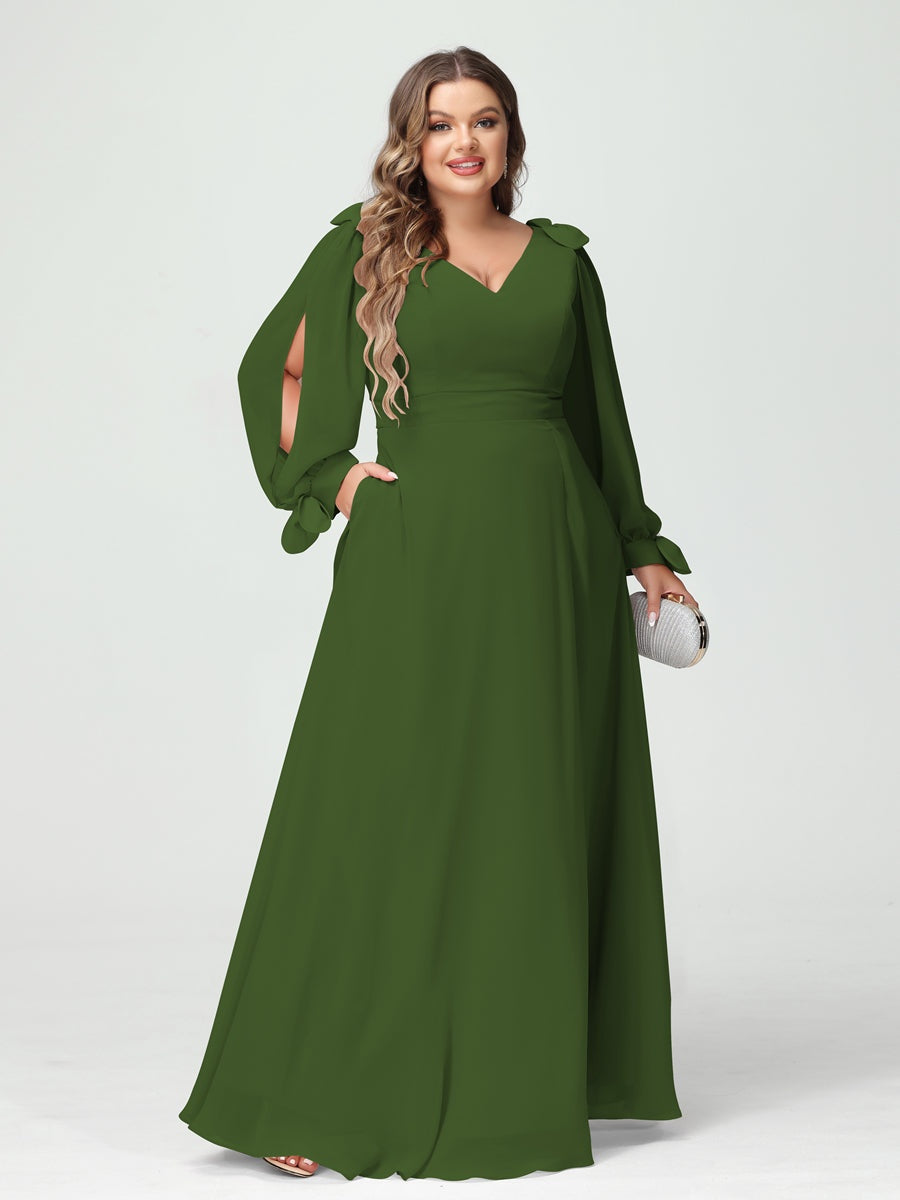 Plus Size V-Neck A-Line Princess Bridesmaid Dress with Long Sleeves, Side Split, and Pockets