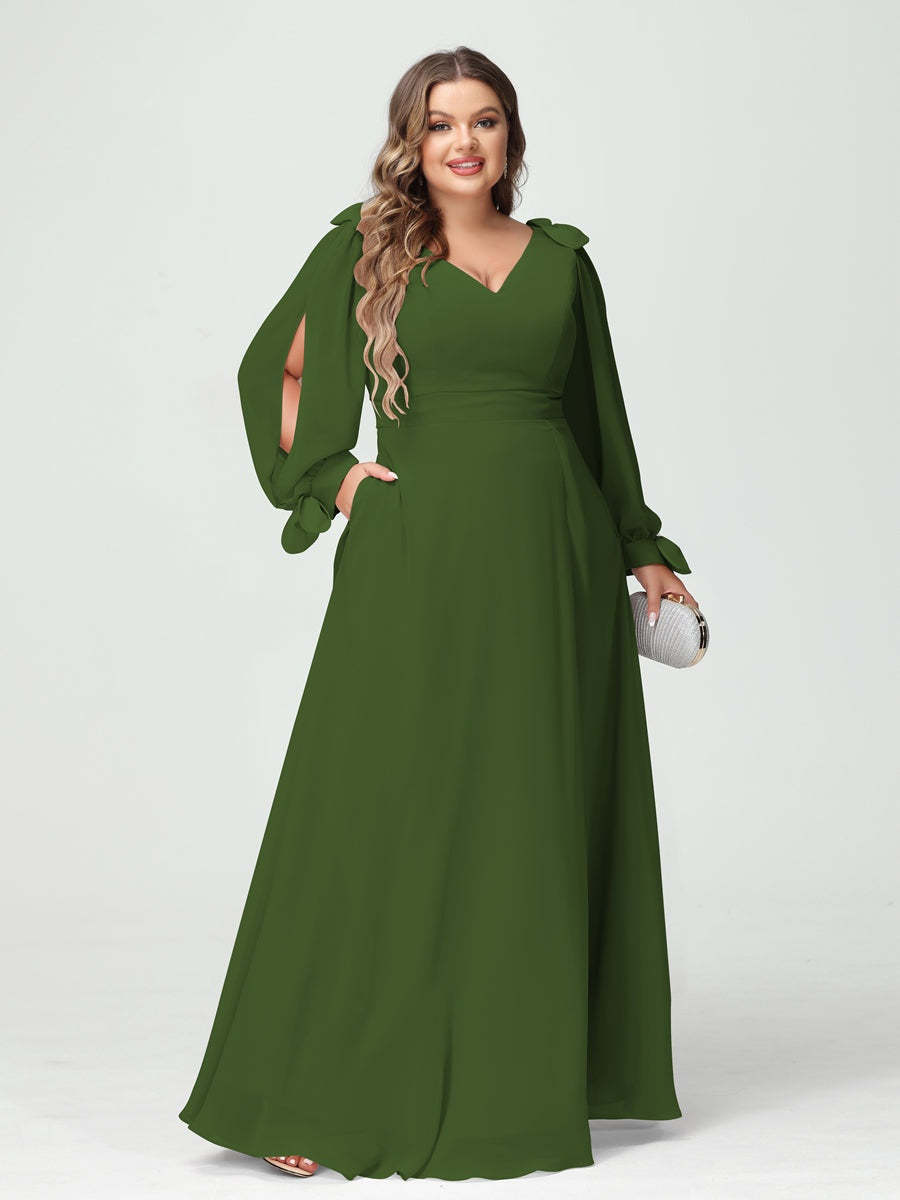 Plus Size V-Neck A-Line Princess Bridesmaid Dress with Long Sleeves, Side Split, and Pockets