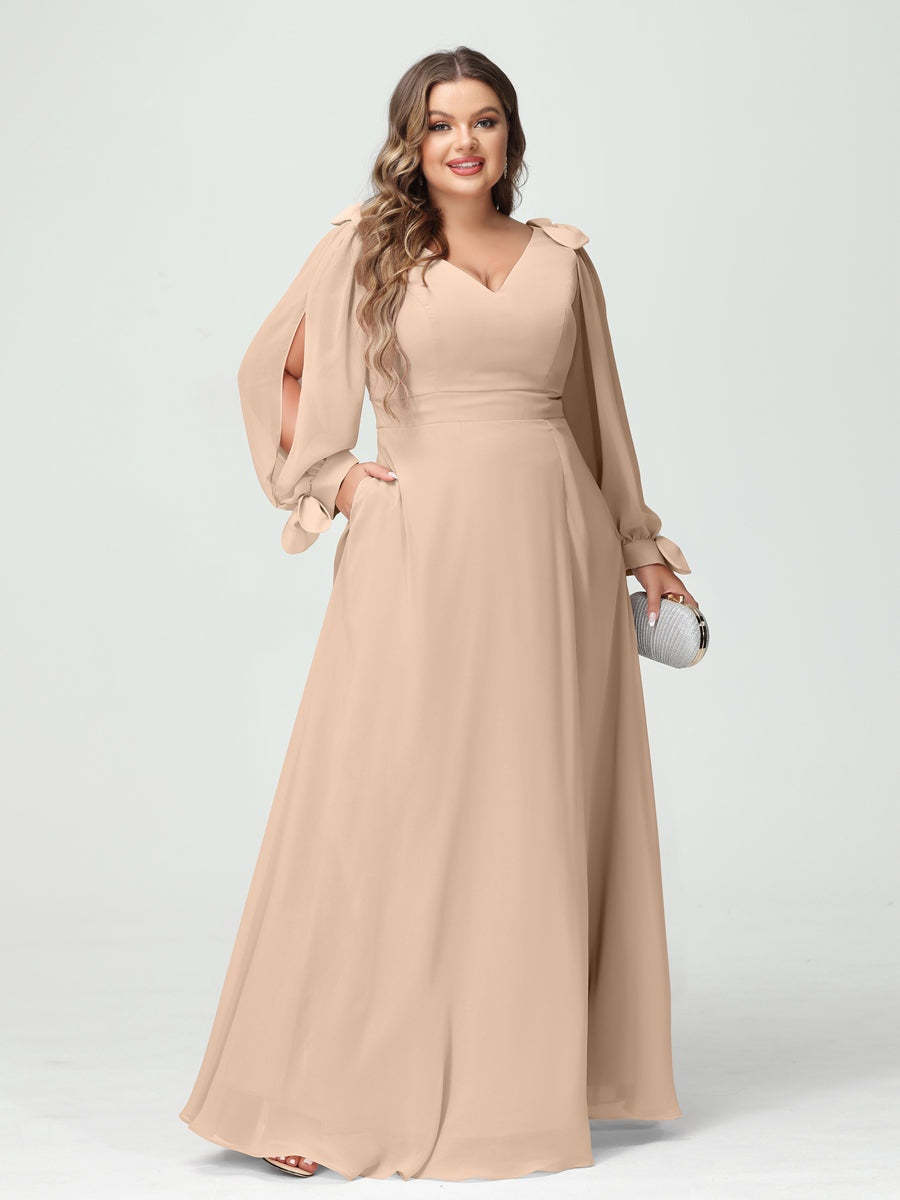 Plus Size V-Neck A-Line Princess Bridesmaid Dress with Long Sleeves, Side Split, and Pockets