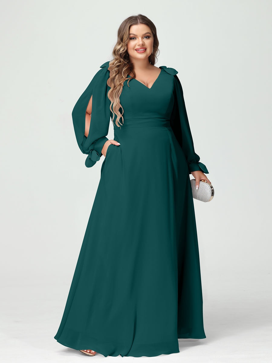 Plus Size V-Neck A-Line Princess Bridesmaid Dress with Long Sleeves, Side Split, and Pockets