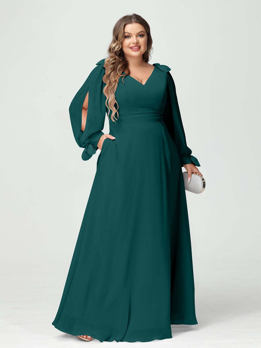 Plus Size V-Neck A-Line Princess Bridesmaid Dress with Long Sleeves, Side Split, and Pockets