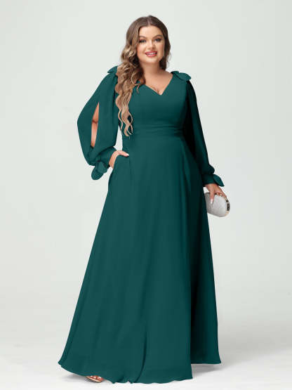 Plus Size V-Neck A-Line Princess Bridesmaid Dress with Long Sleeves, Side Split, and Pockets