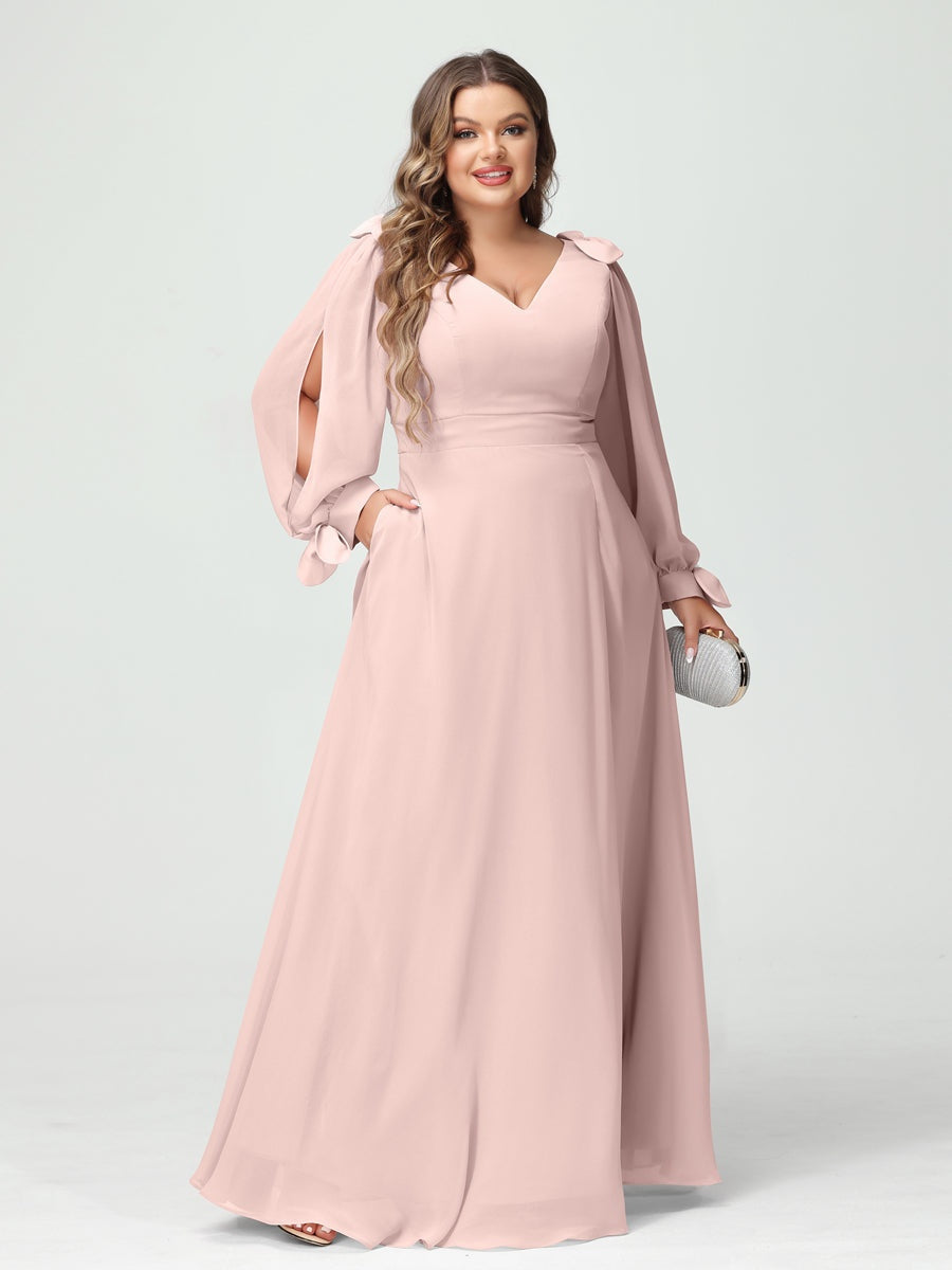Plus Size V-Neck A-Line Princess Bridesmaid Dress with Long Sleeves, Side Split, and Pockets