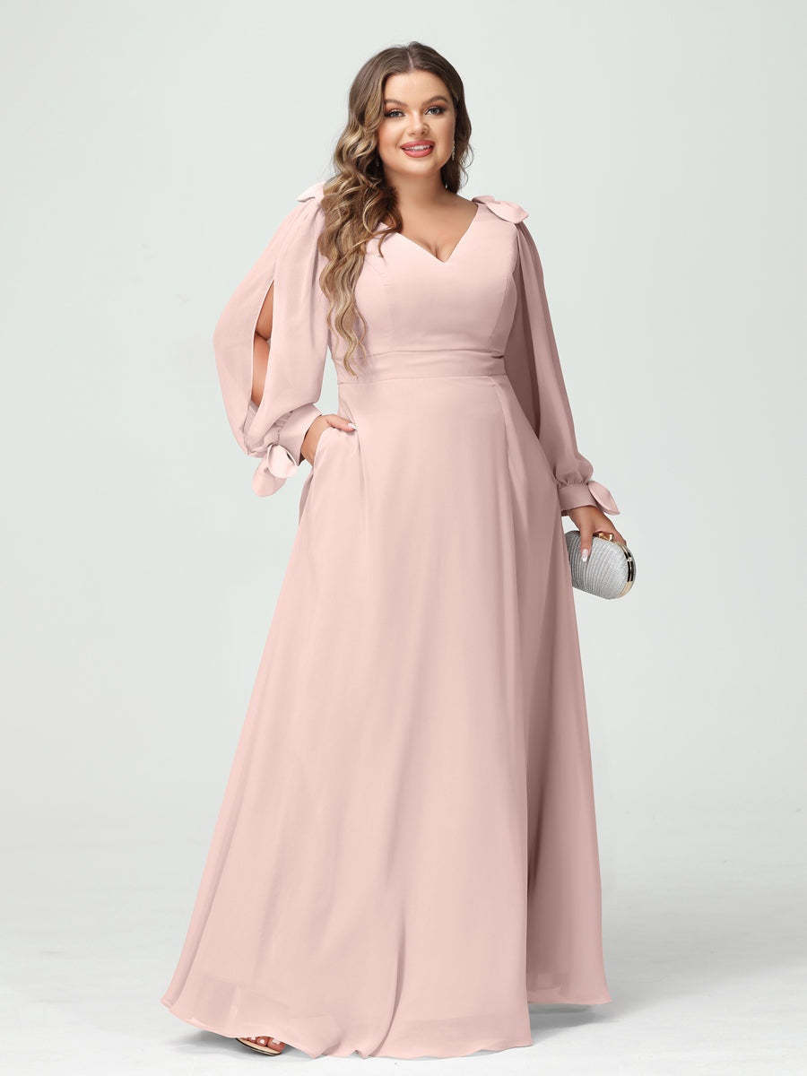 Plus Size V-Neck A-Line Princess Bridesmaid Dress with Long Sleeves, Side Split, and Pockets