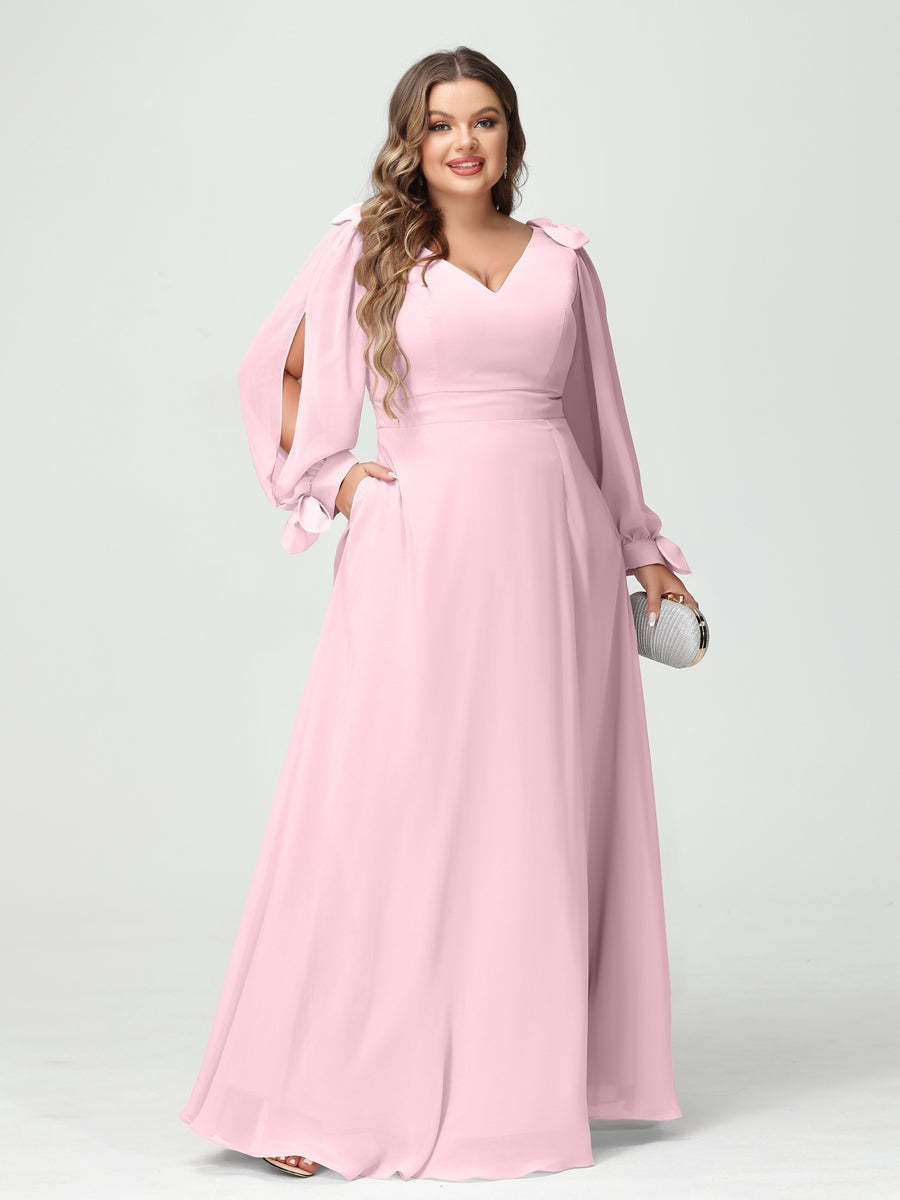 Plus Size V-Neck A-Line Princess Bridesmaid Dress with Long Sleeves, Side Split, and Pockets