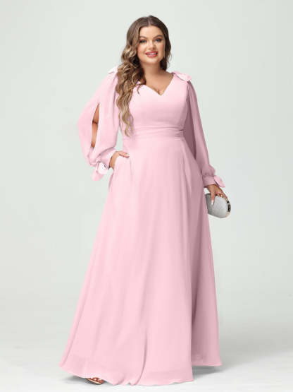 Plus Size V-Neck A-Line Princess Bridesmaid Dress with Long Sleeves, Side Split, and Pockets