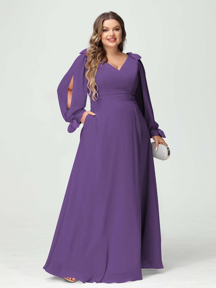 Plus Size V-Neck A-Line Princess Bridesmaid Dress with Long Sleeves, Side Split, and Pockets