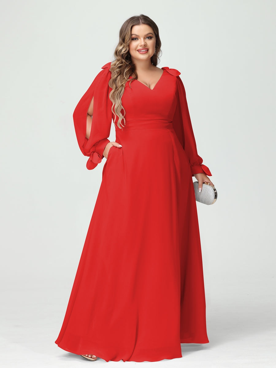 Plus Size V-Neck A-Line Princess Bridesmaid Dress with Long Sleeves, Side Split, and Pockets