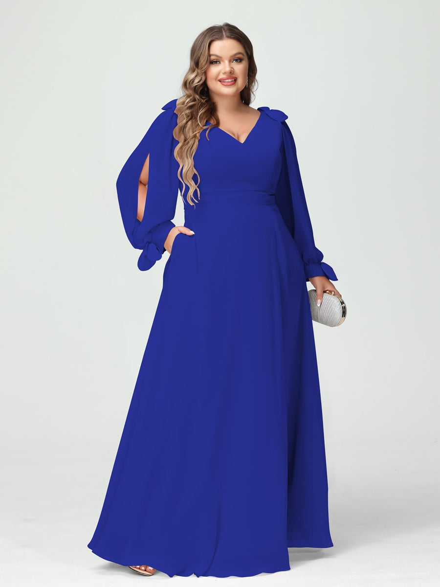 Plus Size V-Neck A-Line Princess Bridesmaid Dress with Long Sleeves, Side Split, and Pockets