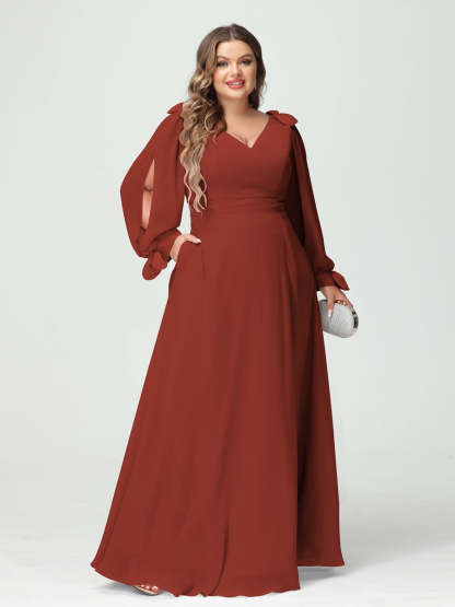 Plus Size V-Neck A-Line Princess Bridesmaid Dress with Long Sleeves, Side Split, and Pockets