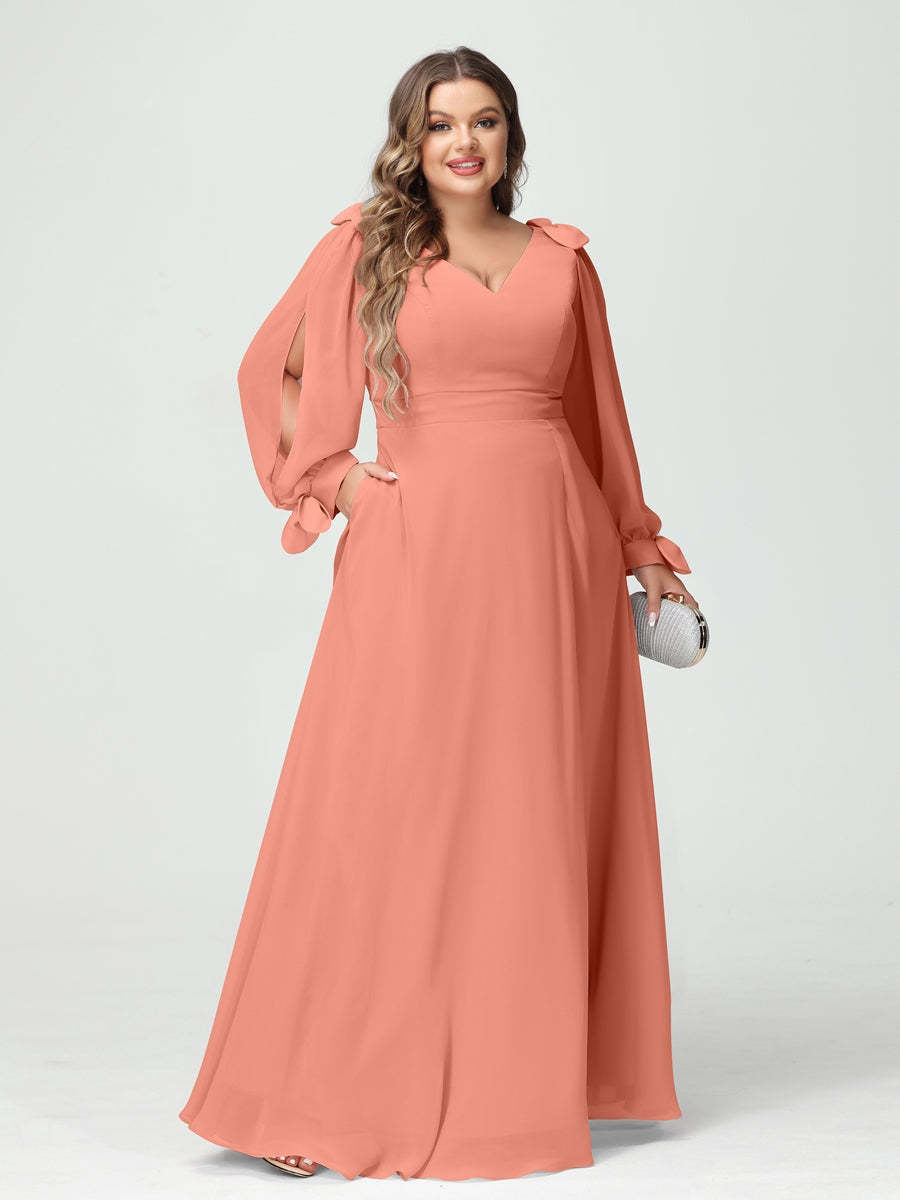 Plus Size V-Neck A-Line Princess Bridesmaid Dress with Long Sleeves, Side Split, and Pockets