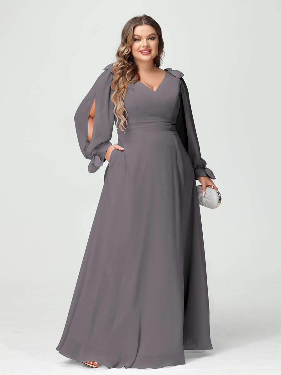 Plus Size V-Neck A-Line Princess Bridesmaid Dress with Long Sleeves, Side Split, and Pockets