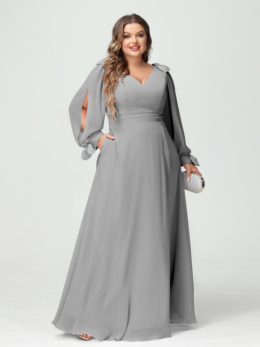 Plus Size V-Neck A-Line Princess Bridesmaid Dress with Long Sleeves, Side Split, and Pockets