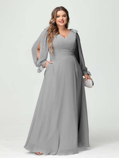 Plus Size V-Neck A-Line Princess Bridesmaid Dress with Long Sleeves, Side Split, and Pockets
