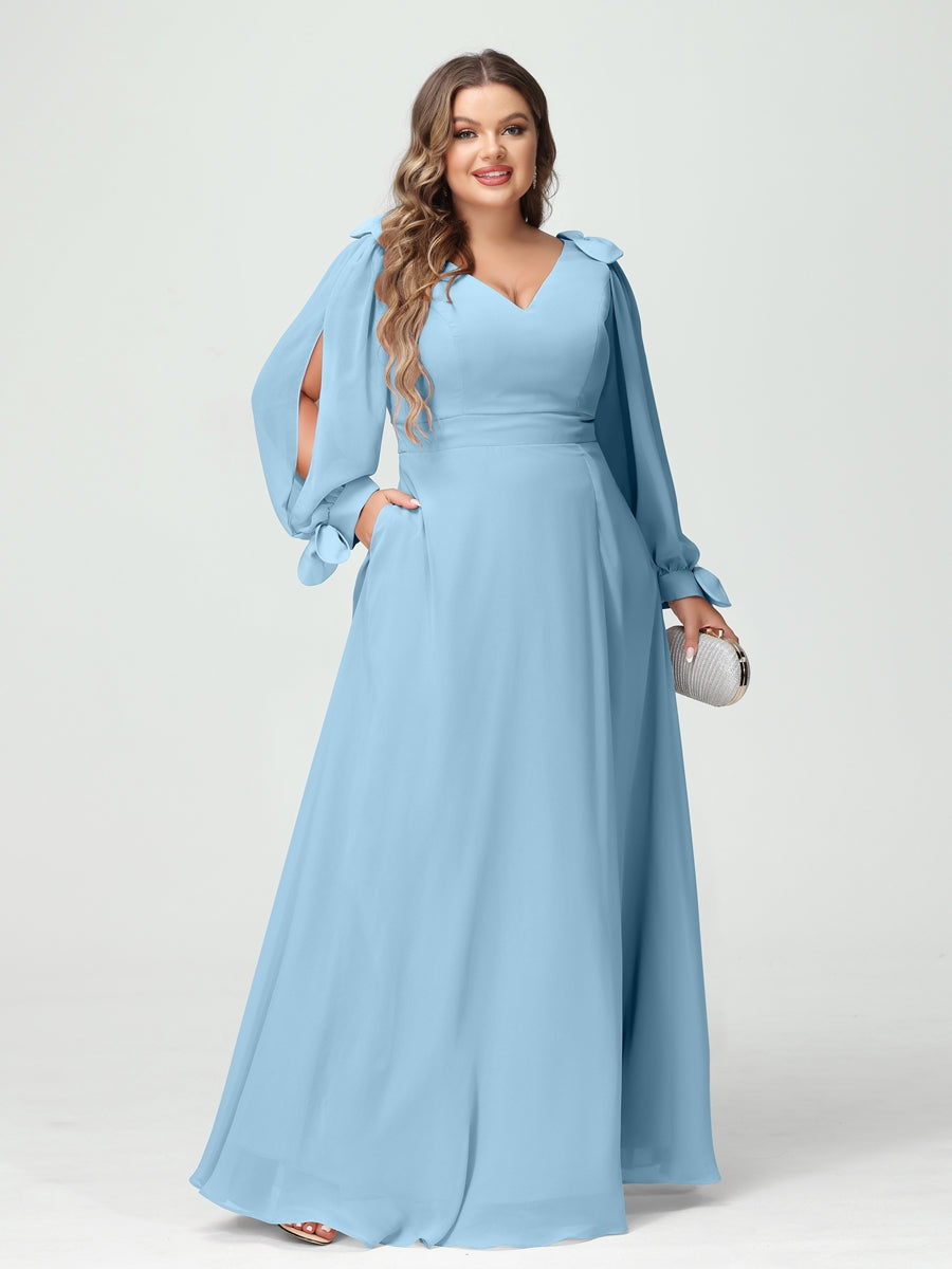 Plus Size V-Neck A-Line Princess Bridesmaid Dress with Long Sleeves, Side Split, and Pockets