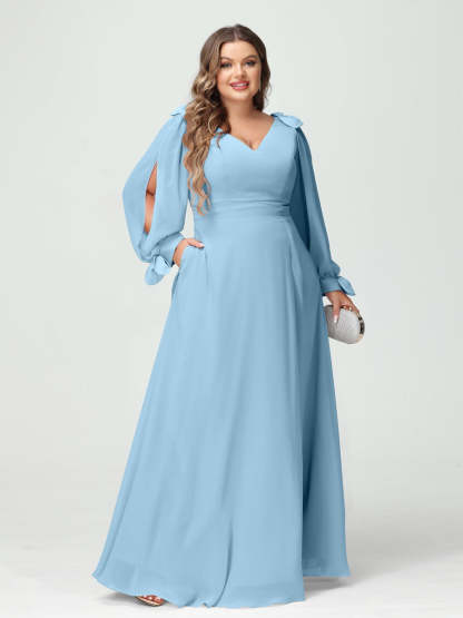 Plus Size V-Neck A-Line Princess Bridesmaid Dress with Long Sleeves, Side Split, and Pockets