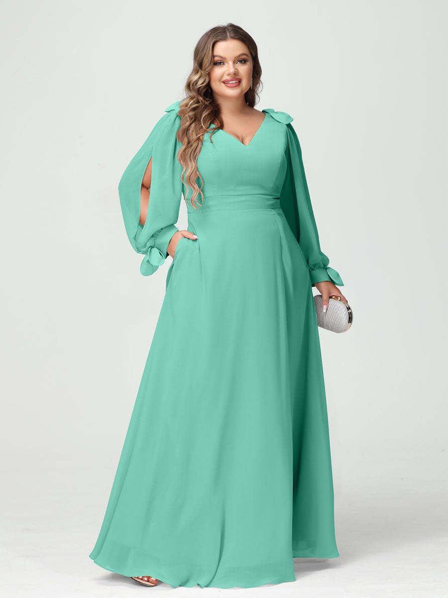 Plus Size V-Neck A-Line Princess Bridesmaid Dress with Long Sleeves, Side Split, and Pockets