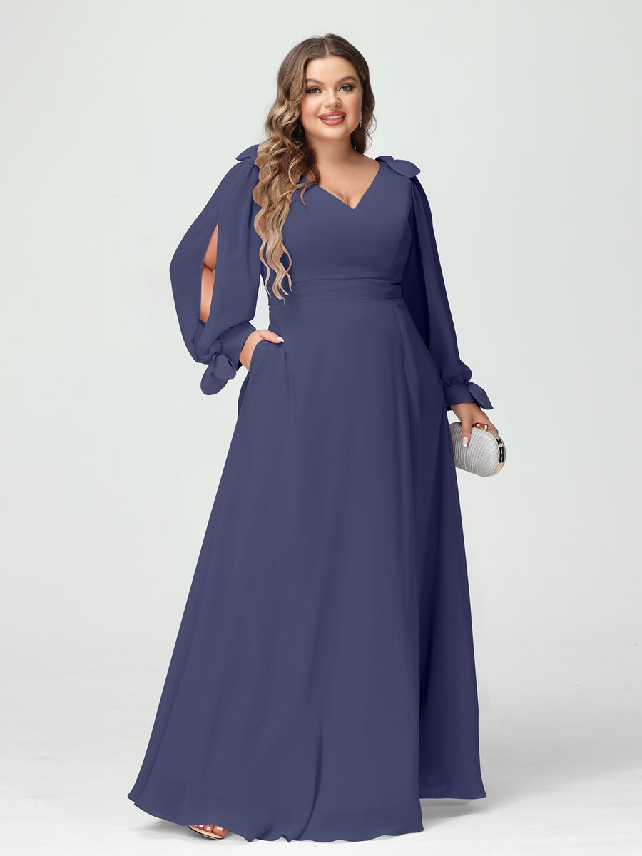 Plus Size V-Neck A-Line Princess Bridesmaid Dress with Long Sleeves, Side Split, and Pockets