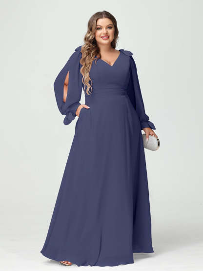 Plus Size V-Neck A-Line Princess Bridesmaid Dress with Long Sleeves, Side Split, and Pockets