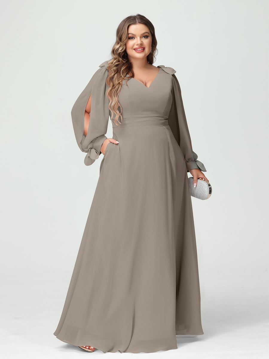 Plus Size V-Neck A-Line Princess Bridesmaid Dress with Long Sleeves, Side Split, and Pockets