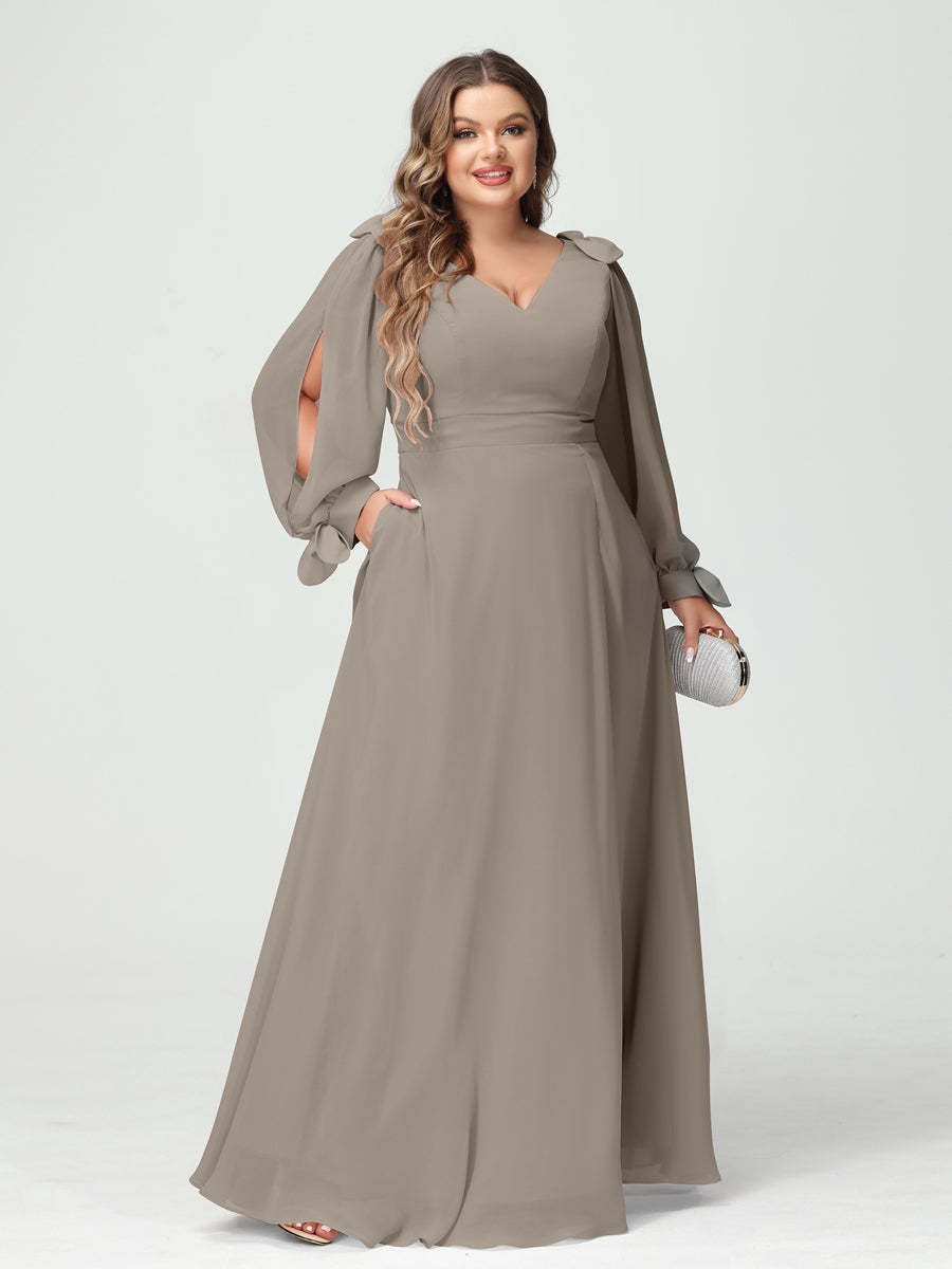 Plus Size V-Neck A-Line Princess Bridesmaid Dress with Long Sleeves, Side Split, and Pockets