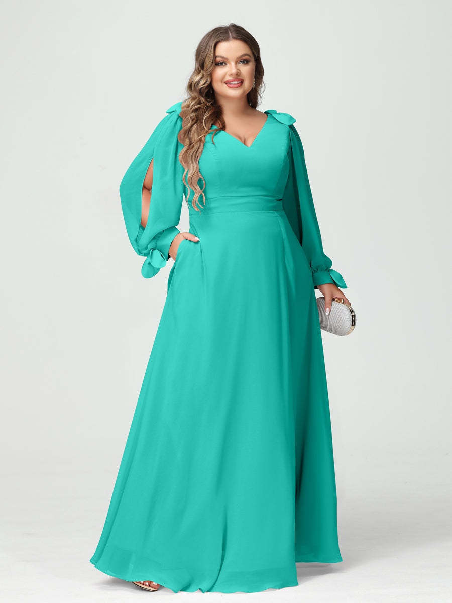 Plus Size V-Neck A-Line Princess Bridesmaid Dress with Long Sleeves, Side Split, and Pockets