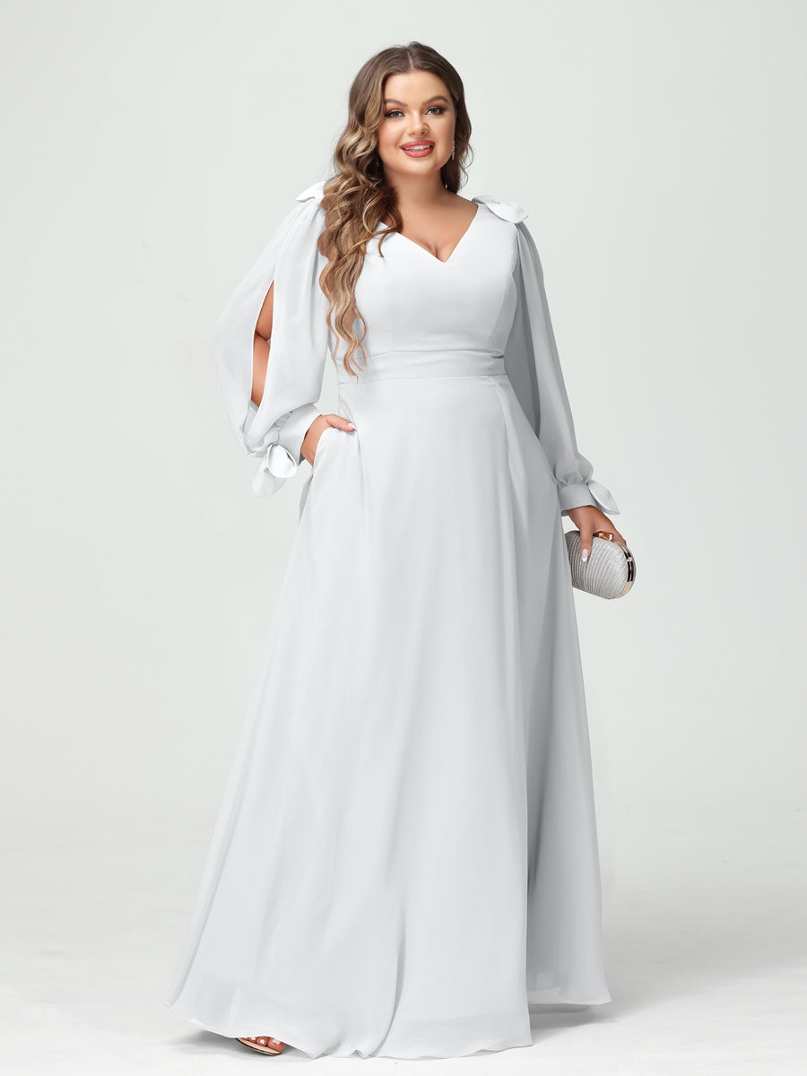 Plus Size V-Neck A-Line Princess Bridesmaid Dress with Long Sleeves, Side Split, and Pockets