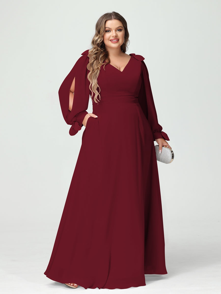 Plus Size V-Neck A-Line Princess Bridesmaid Dress with Long Sleeves, Side Split, and Pockets