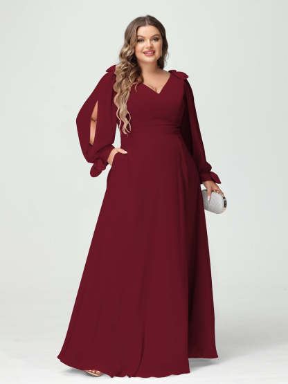 Plus Size V-Neck A-Line Princess Bridesmaid Dress with Long Sleeves, Side Split, and Pockets