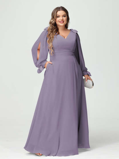 Plus Size V-Neck A-Line Princess Bridesmaid Dress with Long Sleeves, Side Split, and Pockets