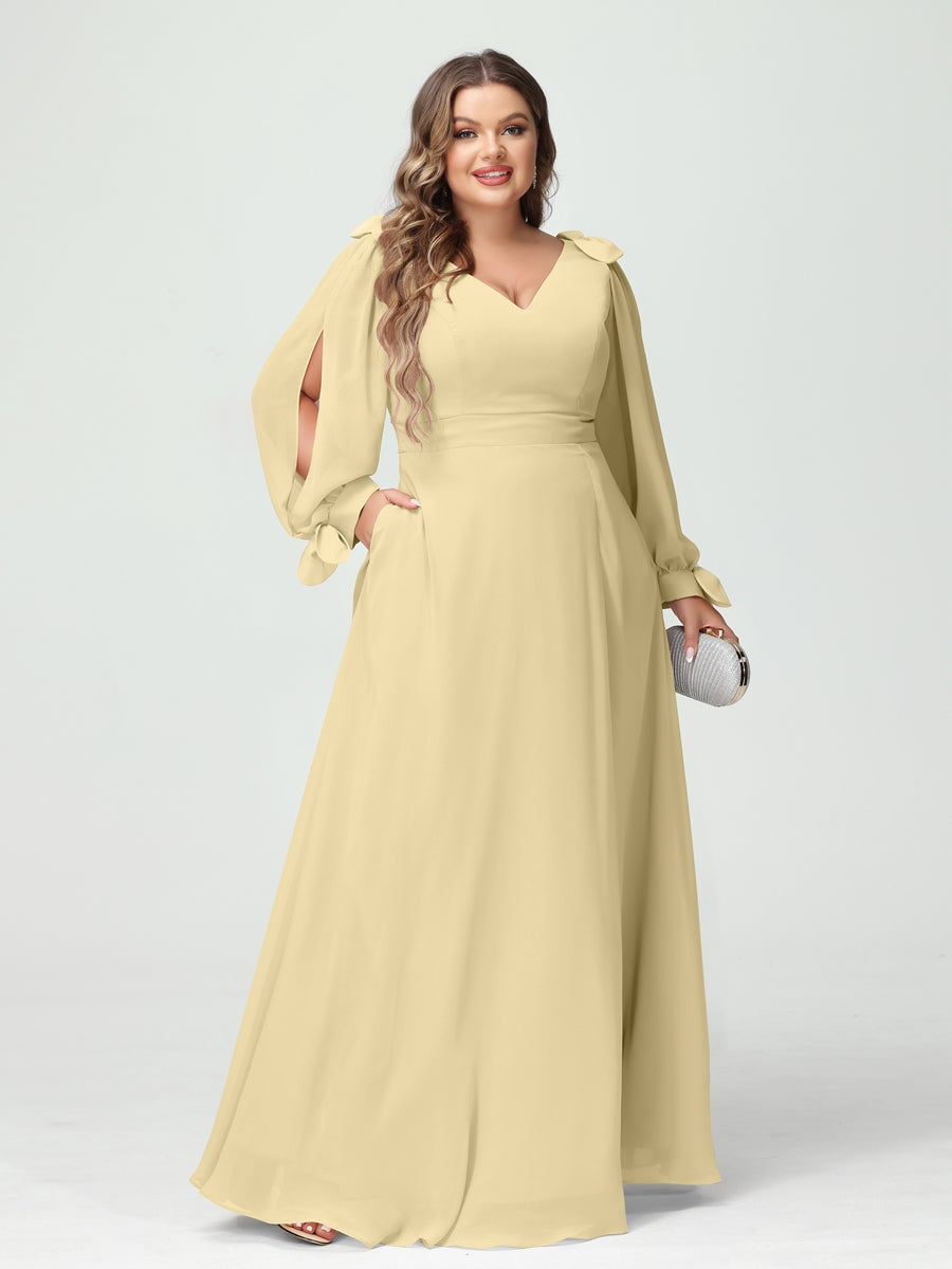 Plus Size V-Neck A-Line Princess Bridesmaid Dress with Long Sleeves, Side Split, and Pockets