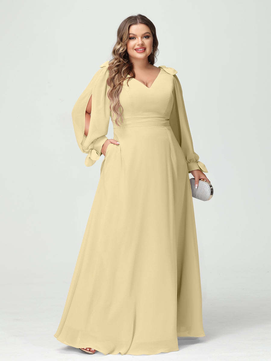 Plus Size V-Neck A-Line Princess Bridesmaid Dress with Long Sleeves, Side Split, and Pockets