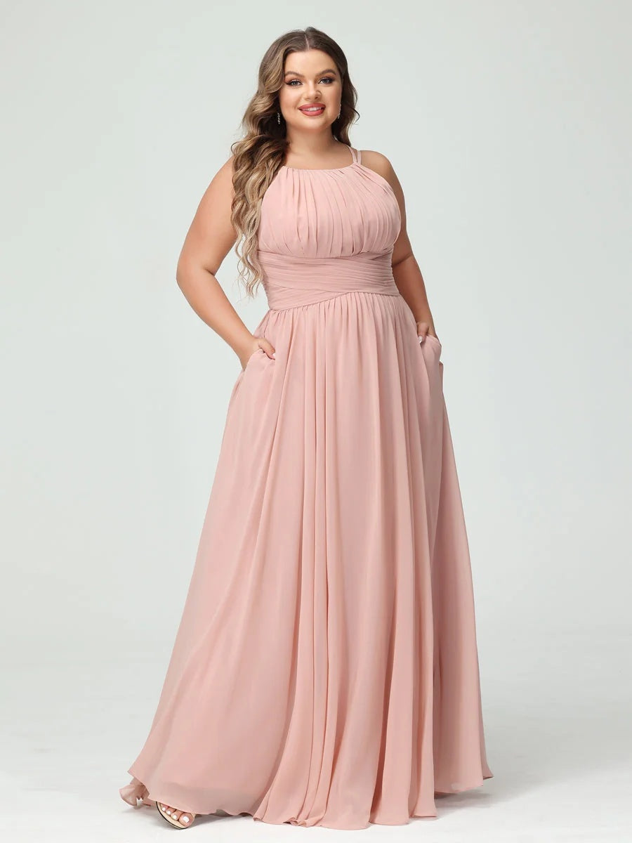 Plus Size Spaghetti Strap A-Line Bridesmaid Dress with Pockets