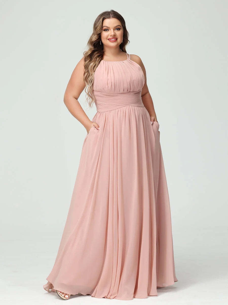 Plus Size Spaghetti Strap A-Line Bridesmaid Dress with Pockets