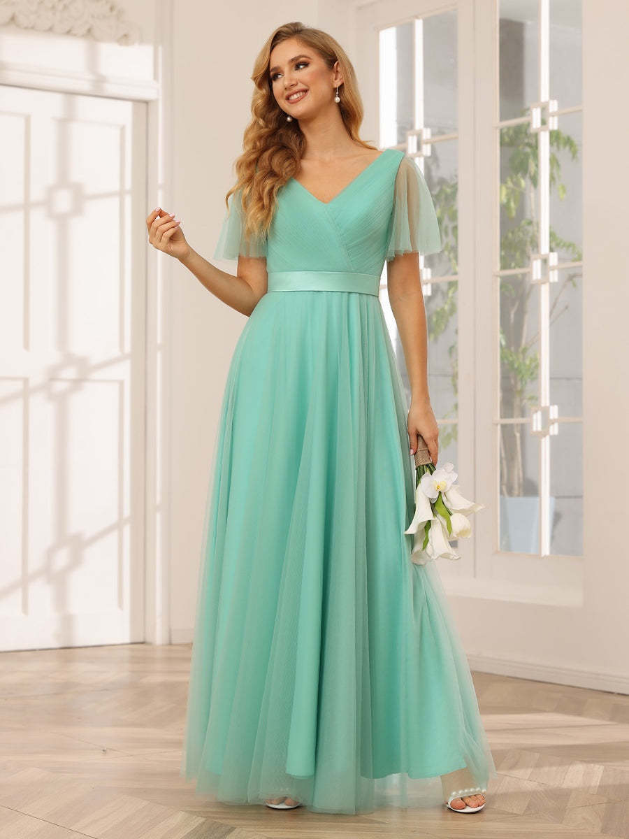 V-Neck A-Line Princess Floor-Length Bridesmaid Dresses with Short Sleeves and Lace