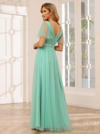 V-Neck A-Line Princess Floor-Length Bridesmaid Dresses with Short Sleeves and Lace