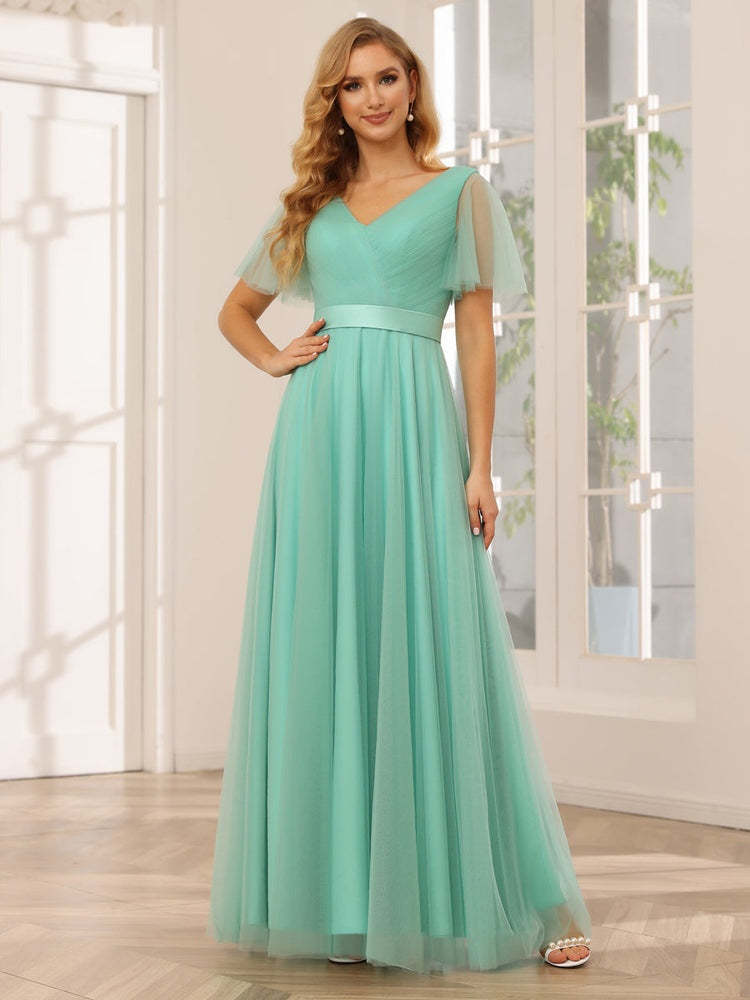 V-Neck A-Line Princess Floor-Length Bridesmaid Dresses with Short Sleeves and Lace