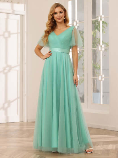V-Neck A-Line Princess Floor-Length Bridesmaid Dresses with Short Sleeves and Lace