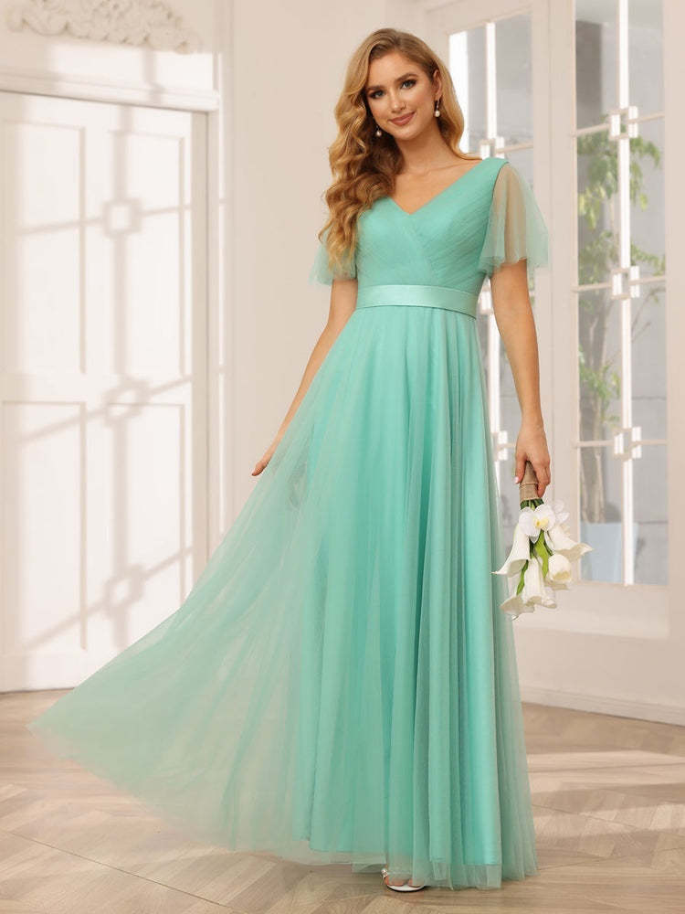 V-Neck A-Line Princess Floor-Length Bridesmaid Dresses with Short Sleeves and Lace