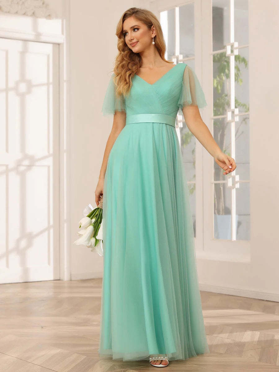V-Neck A-Line Princess Floor-Length Bridesmaid Dresses with Short Sleeves and Lace