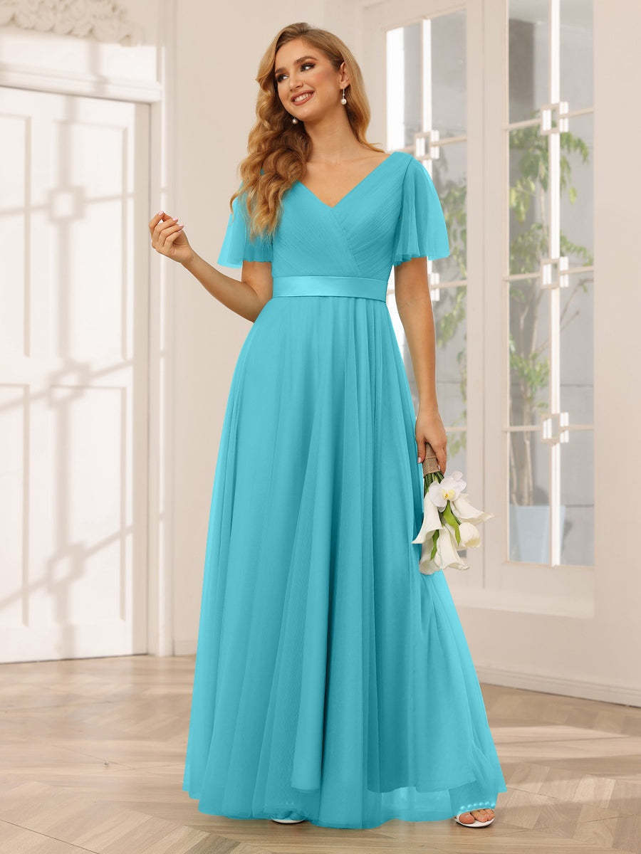 V-Neck A-Line Princess Floor-Length Bridesmaid Dresses with Short Sleeves and Lace