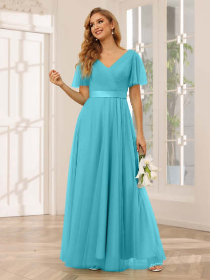 V-Neck A-Line Princess Floor-Length Bridesmaid Dresses with Short Sleeves and Lace